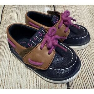 Sperry Blue Pink Brown Anchor Boat Deck Crib Shoes Baby Size 3 Original Box
